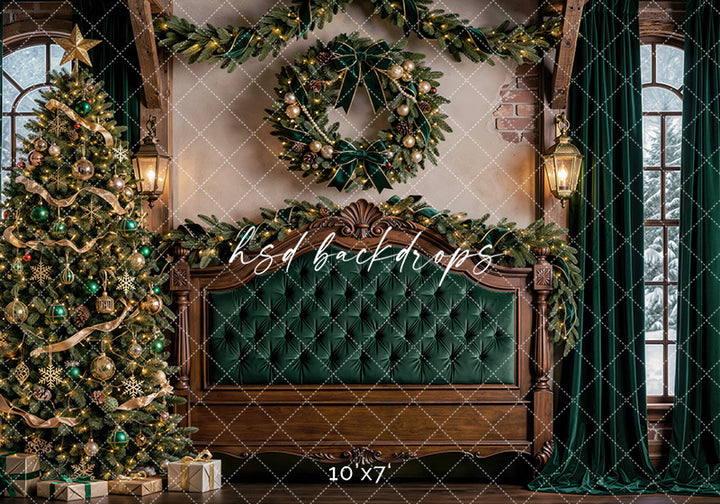 Evergreen Chateau Headboard Photography Backdrop – Elegant Christmas Bedroom Scene | HSD Backdrops