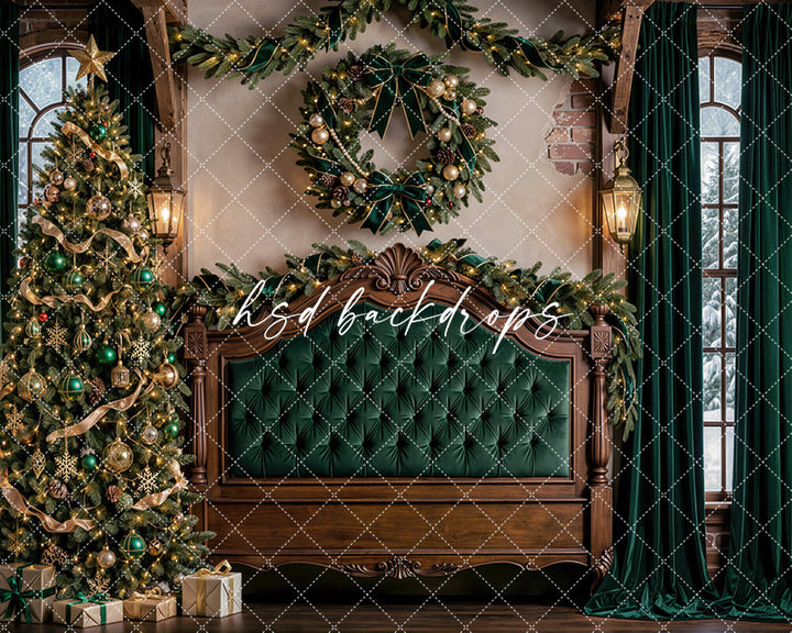 Evergreen Chateau Headboard Photography Backdrop – Elegant Christmas Bedroom Scene | HSD Backdrops