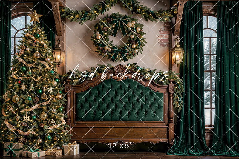 Evergreen Chateau Headboard Photography Backdrop – Elegant Christmas Bedroom Scene | HSD Backdrops