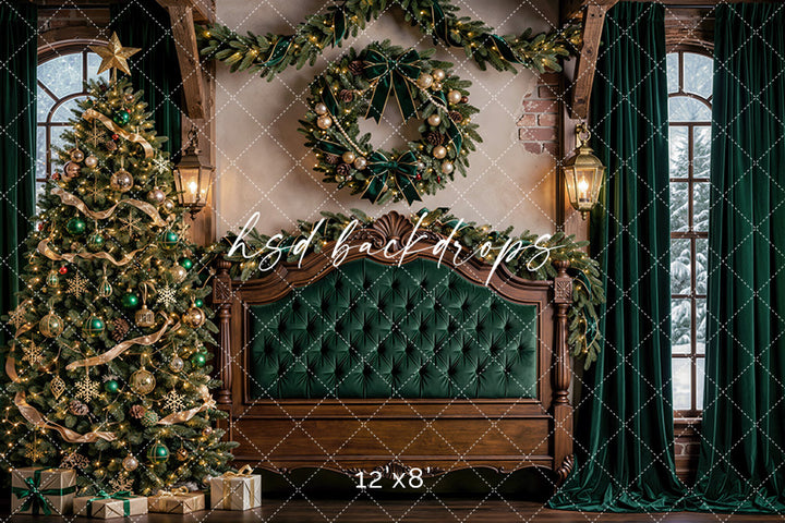 Evergreen Chateau Headboard Photography Backdrop – Elegant Christmas Bedroom Scene | HSD Backdrops