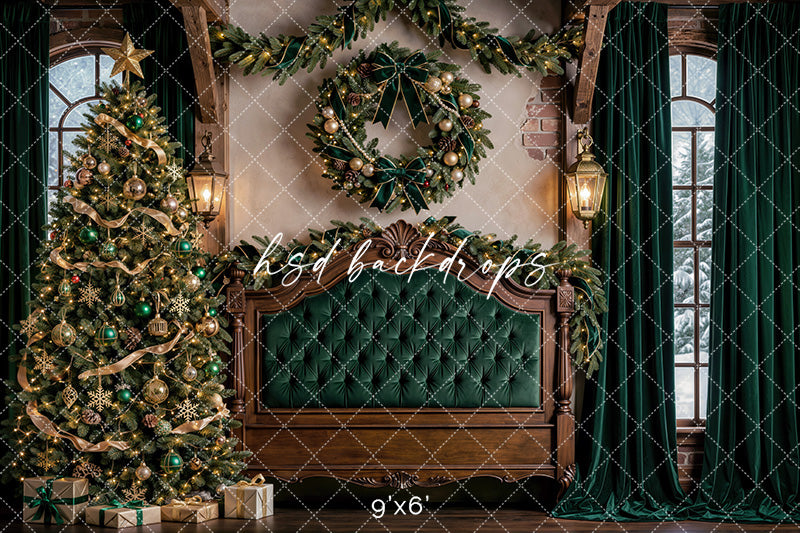 Evergreen Chateau Headboard Photography Backdrop – Elegant Christmas Bedroom Scene | HSD Backdrops