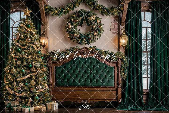 Evergreen Chateau Headboard Photography Backdrop – Elegant Christmas Bedroom Scene | HSD Backdrops