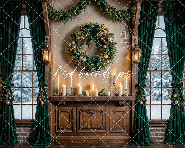 Evergreen Wreath Window Photography Backdrop – Elegant Christmas Interior | HSD Backdrops
