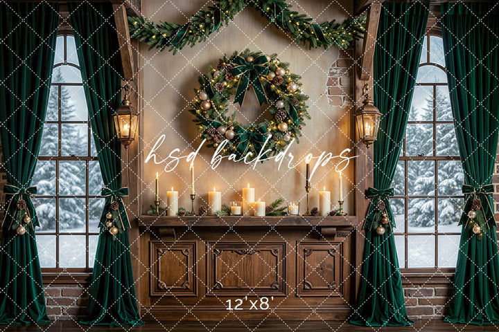 Evergreen Wreath Window Photography Backdrop – Elegant Christmas Interior | HSD Backdrops