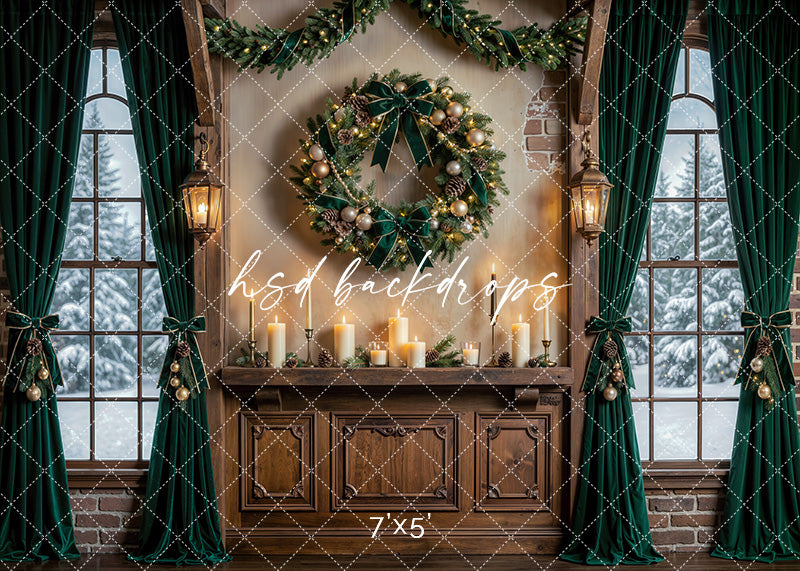 Evergreen Wreath Window photography backdrop with arched windows, snowy outdoor views, festive wreath, lanterns, evergreen drapery, wrapped gifts, and cozy holiday décor for portrait photography.