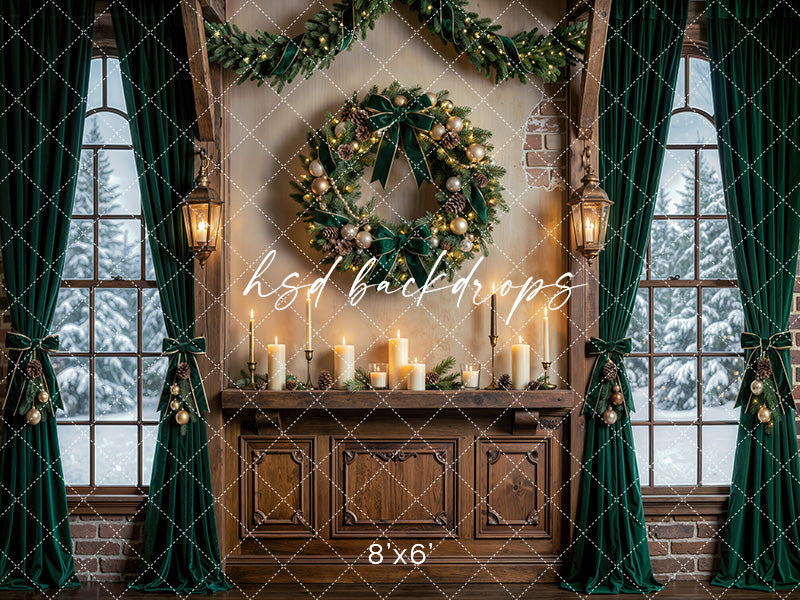 Evergreen Wreath Window Photography Backdrop – Elegant Christmas Interior | HSD Backdrops