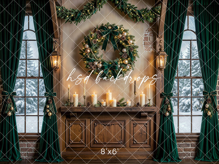 Evergreen Wreath Window Photography Backdrop – Elegant Christmas Interior | HSD Backdrops