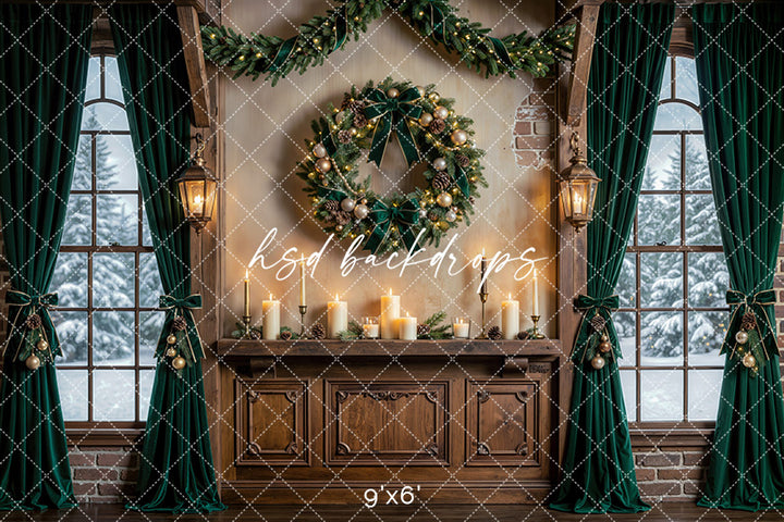 Evergreen Wreath Window Photography Backdrop – Elegant Christmas Interior | HSD Backdrops