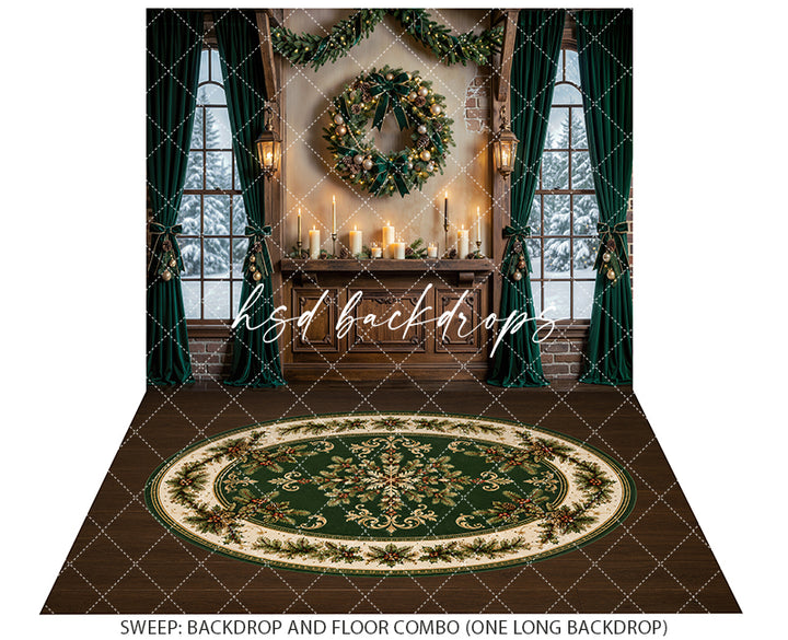 Evergreen Wreath Window Photography Backdrop – Elegant Christmas Interior | HSD Backdrops