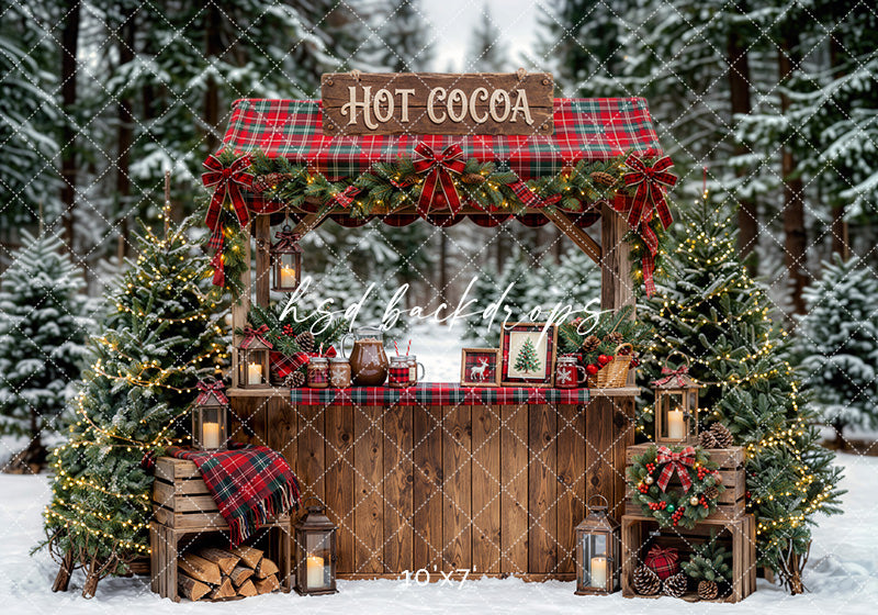 Plaid Hot Cocoa Booth Photography Backdrop – Festive Winter Portrait Scene | HSD Backdrops
