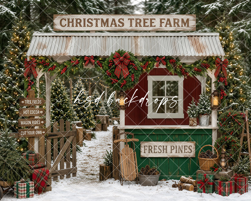 Fresh Pines Christmas Tree Farm photography backdrop with a rustic tree farm stand, festive garland, plaid bows, snowy evergreens, lanterns, sled, and wrapped gifts for holiday portrait photography.