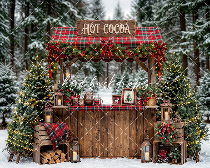 Plaid Hot Cocoa Booth Photography Backdrop – Festive Winter Portrait Scene | HSD Backdrops