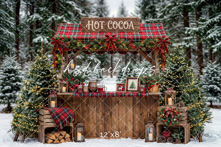 Plaid Hot Cocoa Booth Photography Backdrop – Festive Winter Portrait Scene | HSD Backdrops