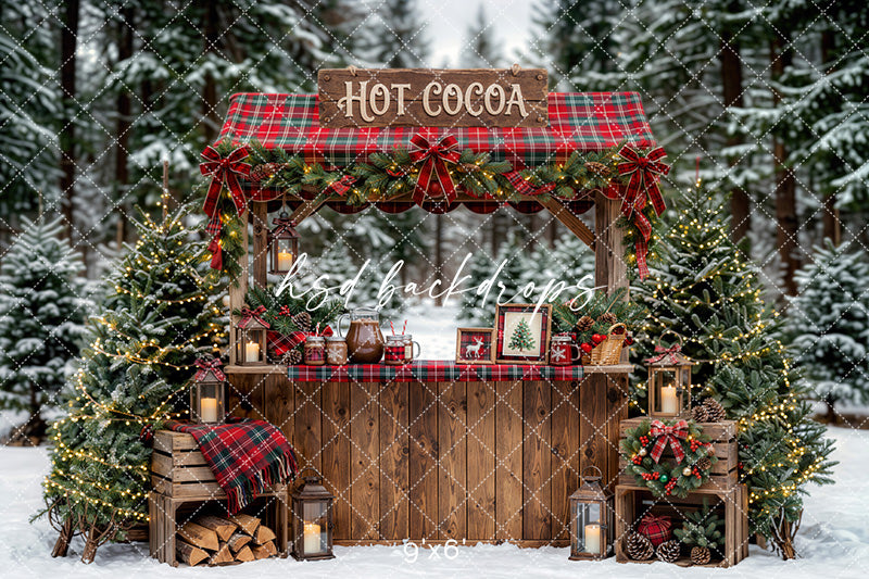 Plaid Hot Cocoa Booth Photography Backdrop – Festive Winter Portrait Scene | HSD Backdrops