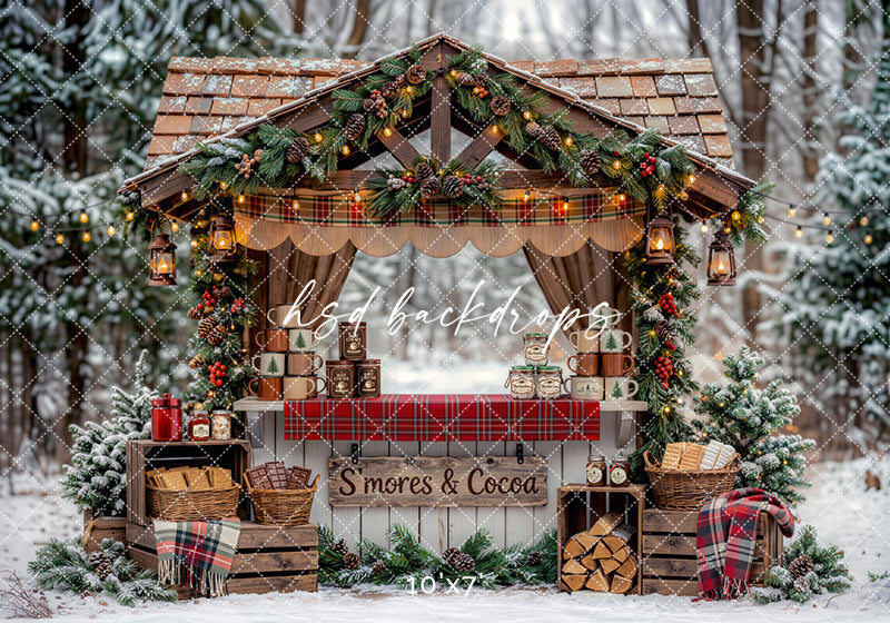 S’mores and Cocoa Stand Photography Backdrop – Cozy Christmas Portrait Scene | HSD Backdrops