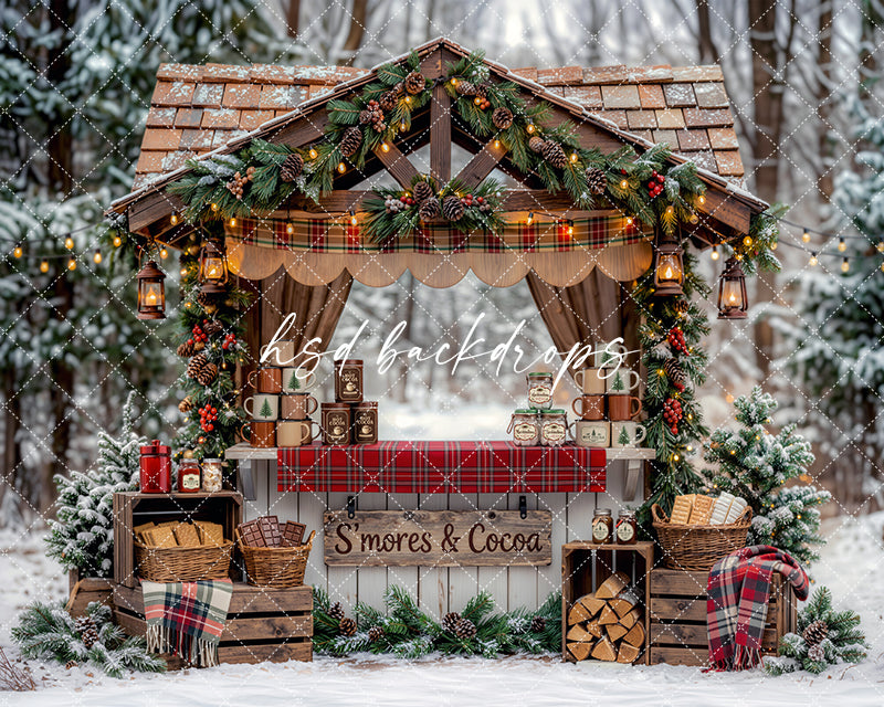S’mores and Cocoa Stand Photography Backdrop – Cozy Christmas Portrait Scene | HSD Backdrops