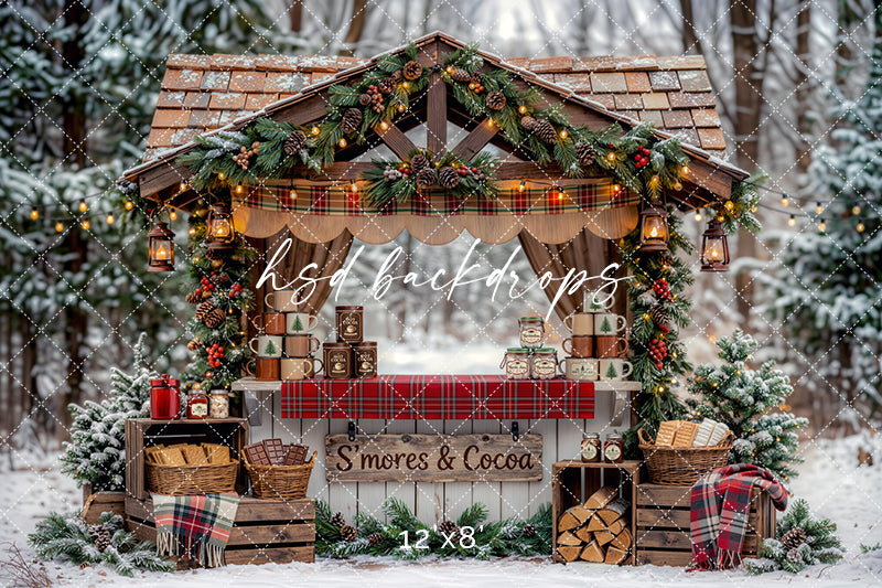 S’mores and Cocoa Stand Photography Backdrop – Cozy Christmas Portrait Scene | HSD Backdrops