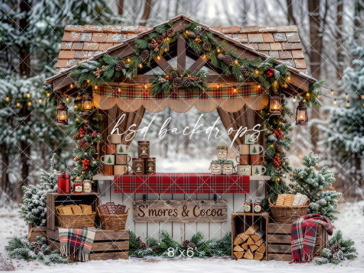 S’mores and Cocoa Stand Photography Backdrop – Cozy Christmas Portrait Scene | HSD Backdrops