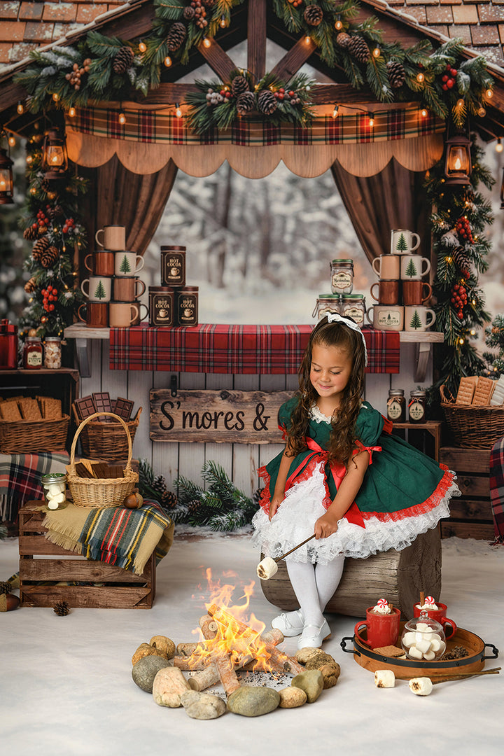 S’mores and Cocoa Stand Photography Backdrop – Cozy Christmas Portrait Scene | HSD Backdrops