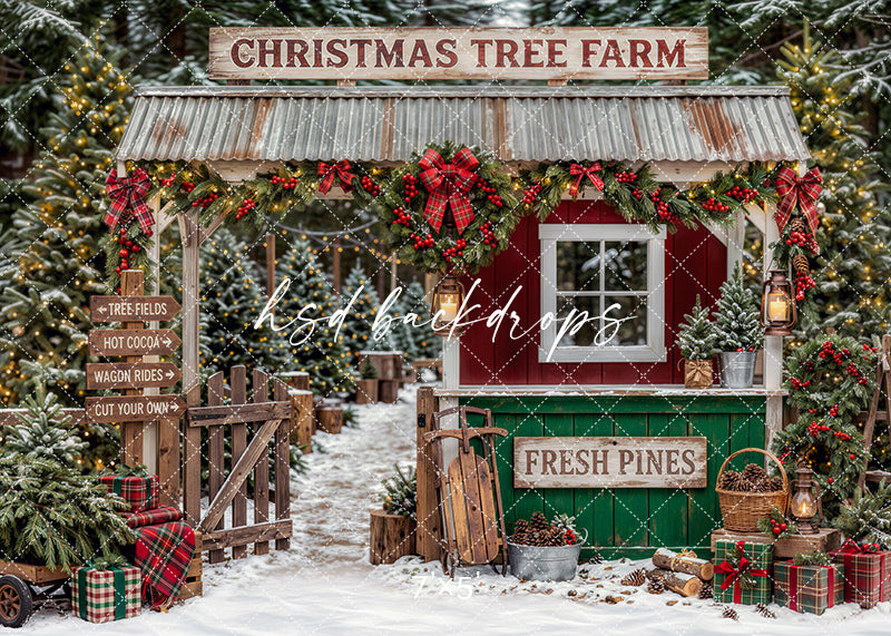 Fresh Cut Tree Farm Booth photography backdrop with a rustic tree farm stand, festive garland, plaid bows, snowy evergreens, lanterns, sled, and wrapped gifts for holiday portrait photography.