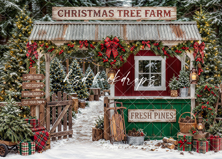 Fresh Cut Tree Farm Booth photography backdrop with a rustic tree farm stand, festive garland, plaid bows, snowy evergreens, lanterns, sled, and wrapped gifts for holiday portrait photography.