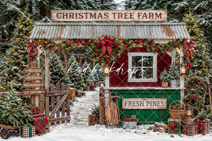 Fresh Pines Christmas Tree Farm Photography Backdrop – Rustic Holiday Portrait Scene | HSD Backdrops