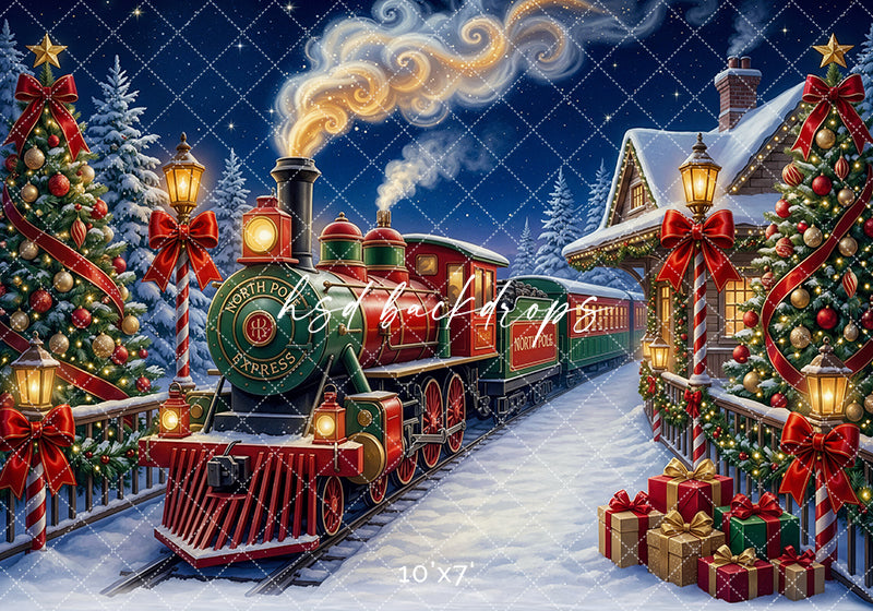 Candy Cane Christmas Train Photography Backdrop – Festive Holiday Portrait Scene | HSD Backdrops