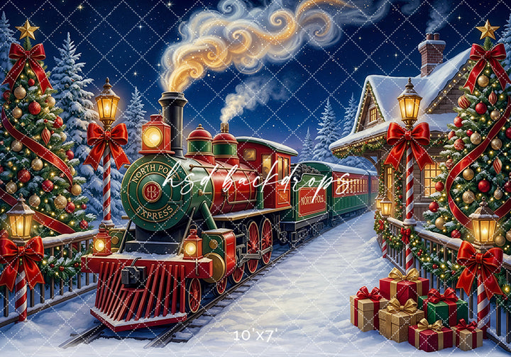 Candy Cane Christmas Train Photography Backdrop – Festive Holiday Portrait Scene | HSD Backdrops