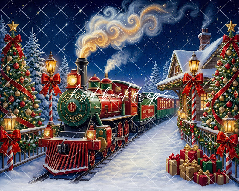 Candy Cane Christmas Train Photography Backdrop – Festive Holiday Portrait Scene | HSD Backdrops