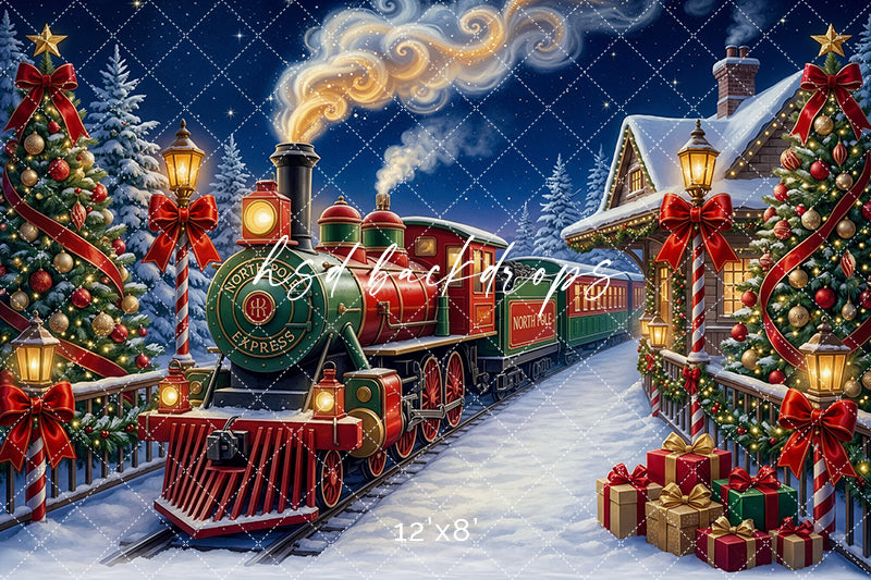 Candy Cane Christmas Train Photography Backdrop – Festive Holiday Portrait Scene | HSD Backdrops