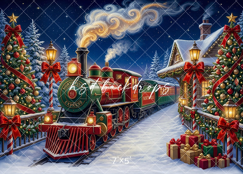 Candy Cane Christmas Train photography backdrop with a festive holiday train, candy cane-striped lamp posts, decorated Christmas trees, wrapped gifts, and snowy North Pole scenery for portrait photography.