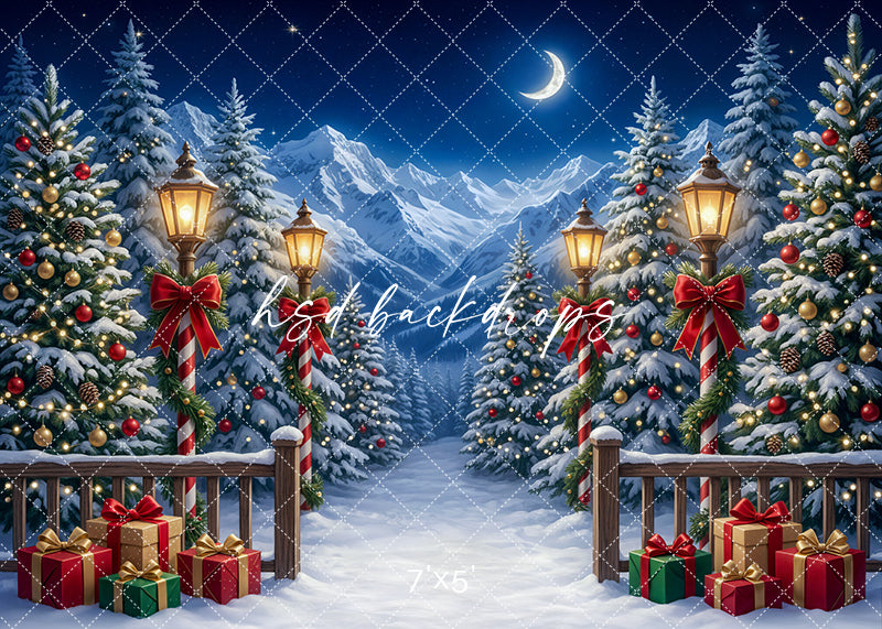 Candy Cane Winter Path photography backdrop with candy cane-striped lamp posts, glowing lanterns, snowy evergreen trees, wrapped gifts, and a moonlit mountain winter scene for portrait photography.