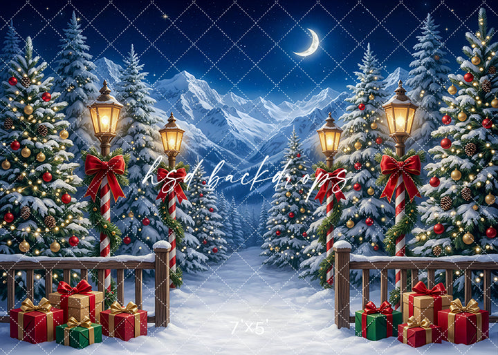 Candy Cane Winter Path photography backdrop with candy cane-striped lamp posts, glowing lanterns, snowy evergreen trees, wrapped gifts, and a moonlit mountain winter scene for portrait photography.