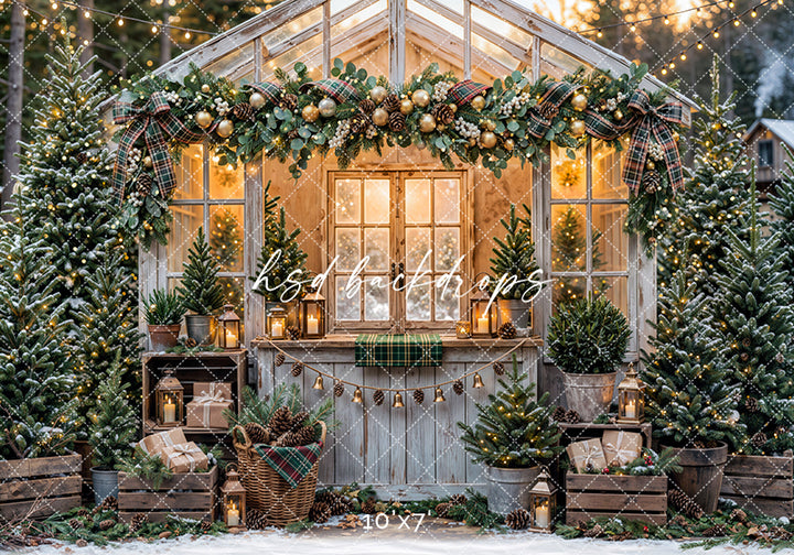 Plaid Garland Greenhouse Photography Backdrop – Cozy Christmas Portrait Scene | HSD Backdrops