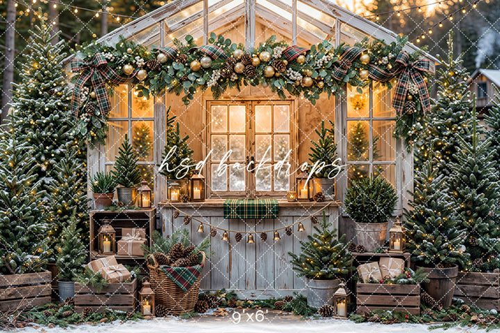 Plaid Garland Greenhouse Photography Backdrop – Cozy Christmas Portrait Scene | HSD Backdrops