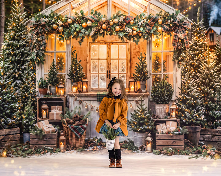 Plaid Garland Greenhouse Photography Backdrop – Cozy Christmas Portrait Scene | HSD Backdrops