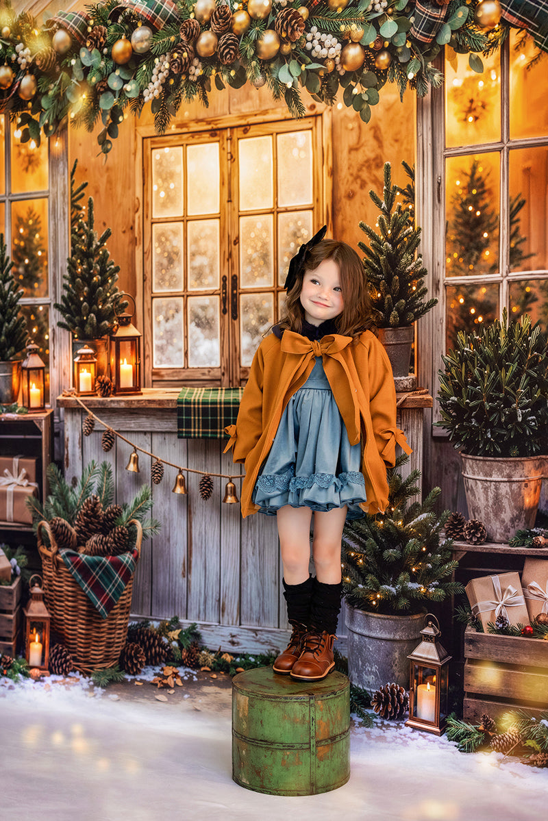 Plaid Garland Greenhouse Photography Backdrop – Cozy Christmas Portrait Scene | HSD Backdrops