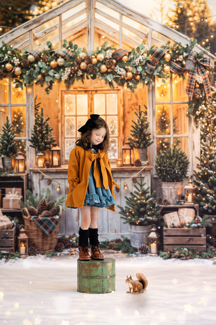 Plaid Garland Greenhouse Photography Backdrop – Cozy Christmas Portrait Scene | HSD Backdrops
