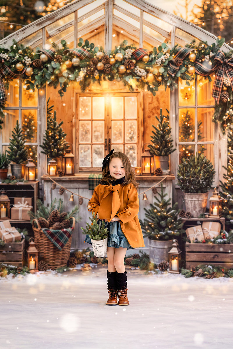 Plaid Garland Greenhouse Photography Backdrop – Cozy Christmas Portrait Scene | HSD Backdrops