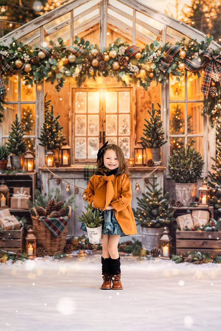 Plaid Garland Greenhouse Photography Backdrop – Cozy Christmas Portrait Scene | HSD Backdrops