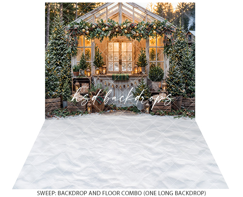 Plaid Garland Greenhouse Photography Backdrop – Cozy Christmas Portrait Scene | HSD Backdrops