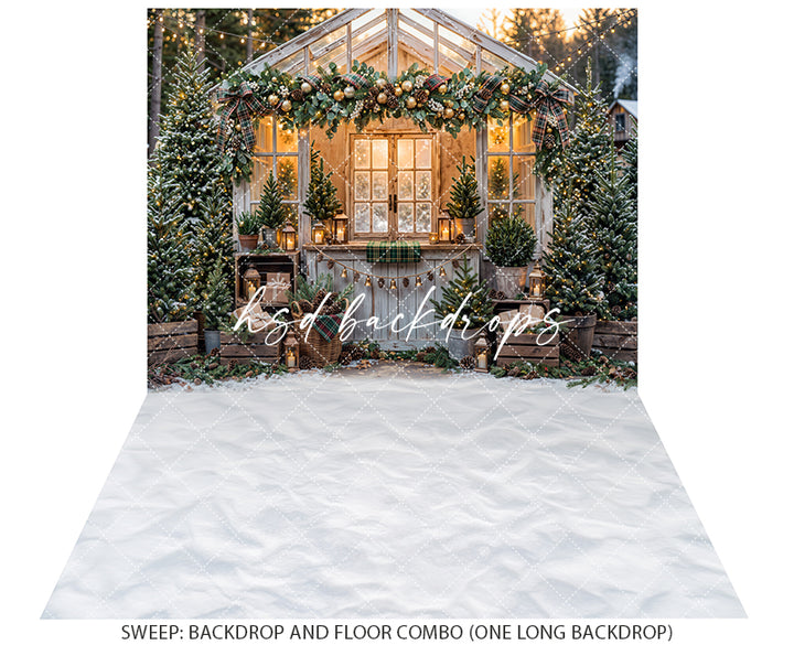 Plaid Garland Greenhouse Photography Backdrop – Cozy Christmas Portrait Scene | HSD Backdrops