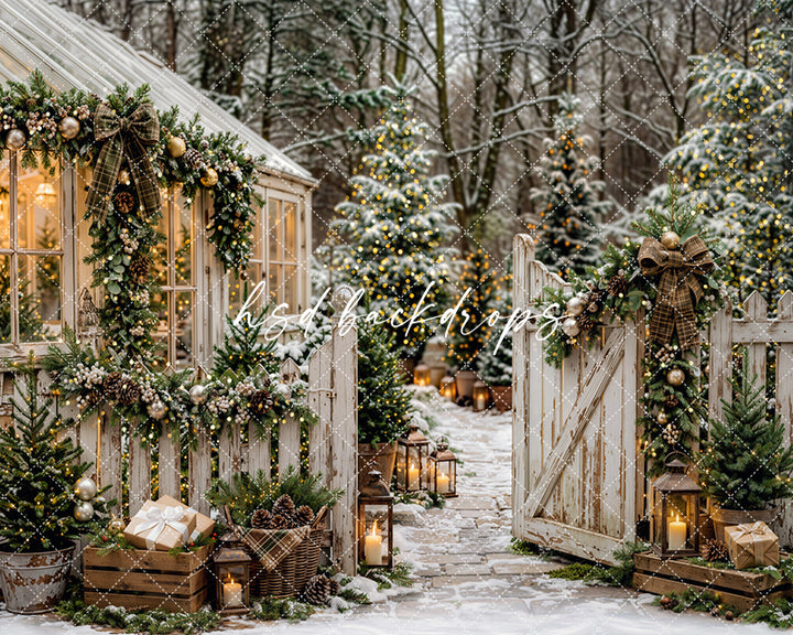 Winter Greenhouse Gate Photography Backdrop – Festive Holiday Portrait Scene | HSD Backdrops