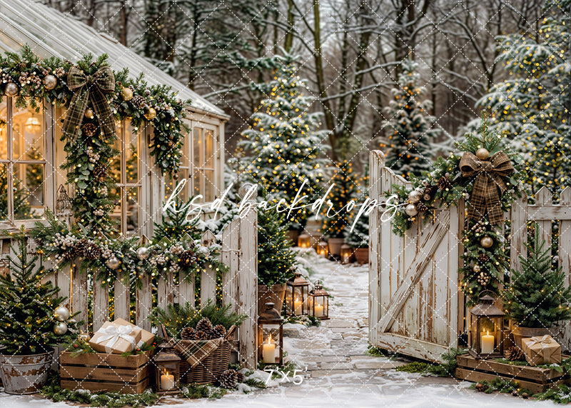 Winter Greenhouse Gate photography backdrop with a glowing greenhouse, weathered white garden gates, plaid bows, lanterns, snowy evergreens, and festive holiday greenery for portrait photography.