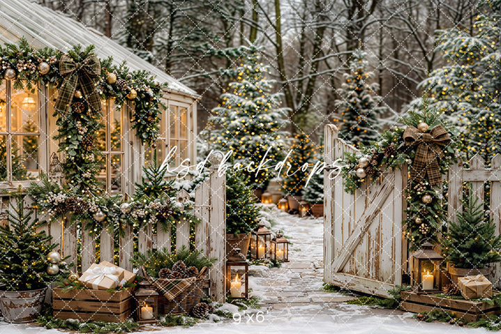 Winter Greenhouse Gate Photography Backdrop – Festive Holiday Portrait Scene | HSD Backdrops