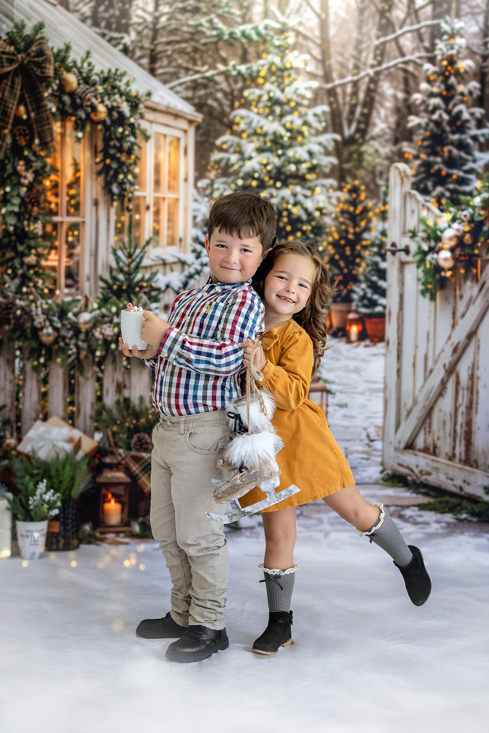 Winter Greenhouse Gate Photography Backdrop – Festive Holiday Portrait Scene | HSD Backdrops