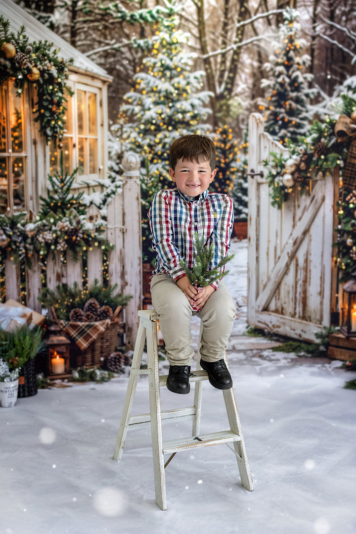 Winter Greenhouse Gate Photography Backdrop – Festive Holiday Portrait Scene | HSD Backdrops