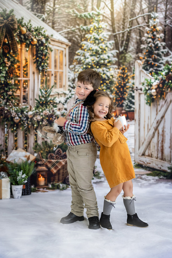 Winter Greenhouse Gate Photography Backdrop – Festive Holiday Portrait Scene | HSD Backdrops