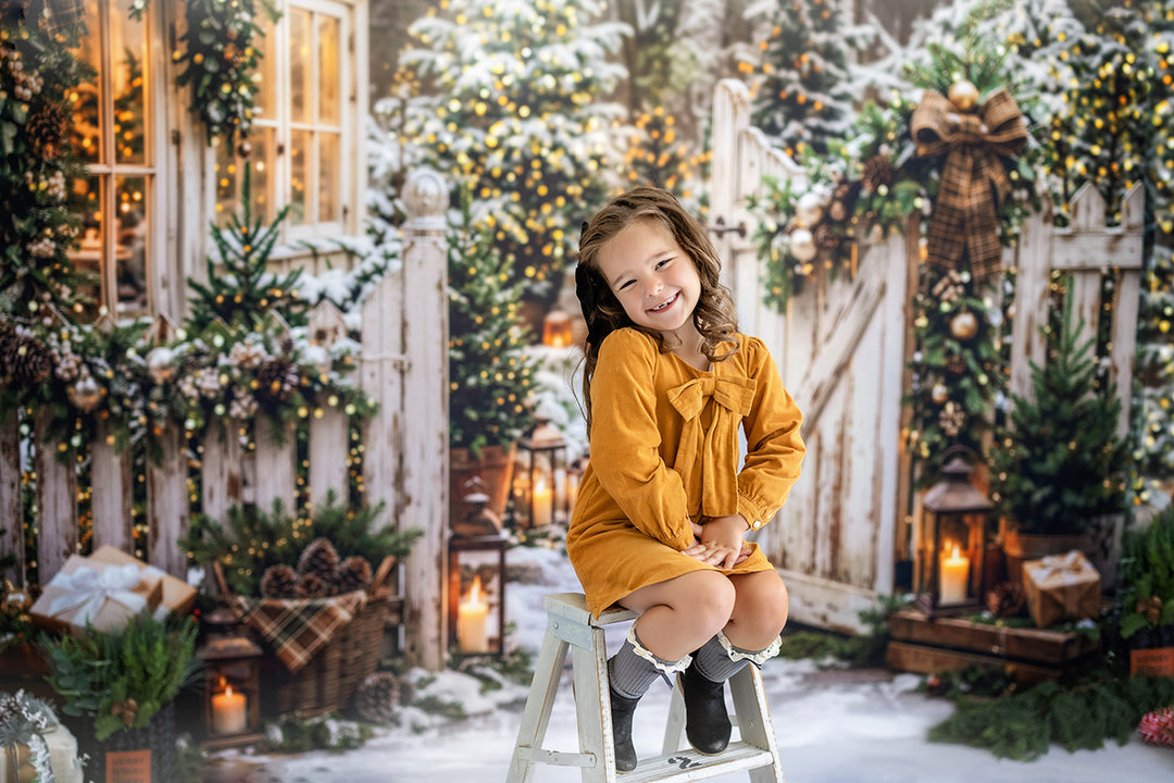 Winter Greenhouse Gate Photography Backdrop – Festive Holiday Portrait Scene | HSD Backdrops