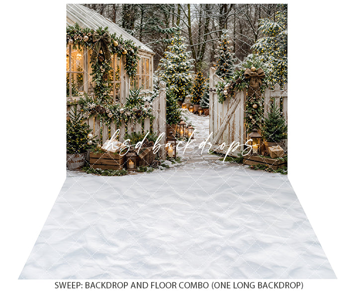 Winter Greenhouse Gate Photography Backdrop – Festive Holiday Portrait Scene | HSD Backdrops